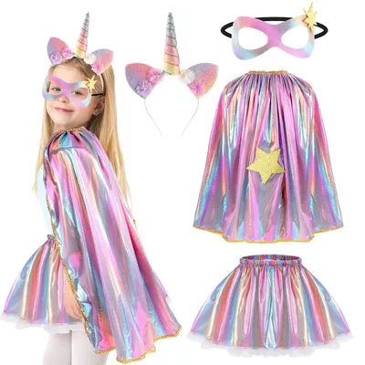 Immagine prodotto di Costume da principessa per bambine - Gonna a balze - Costume da unicorno - Cerchietto - Mantello da principessa - Costume da travestimento, taglie 3-12 anni