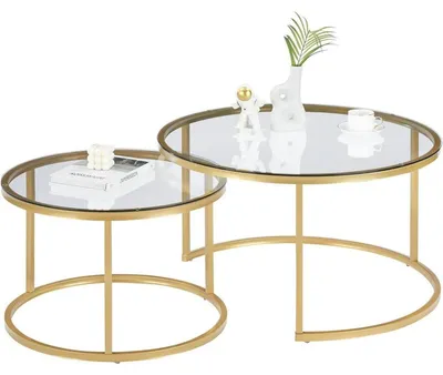 Productafbeelding van Salontafel set van 2, glas met metalen frame, rond, 80x80x45 cm en 60x60x35 cm, goudkleurig