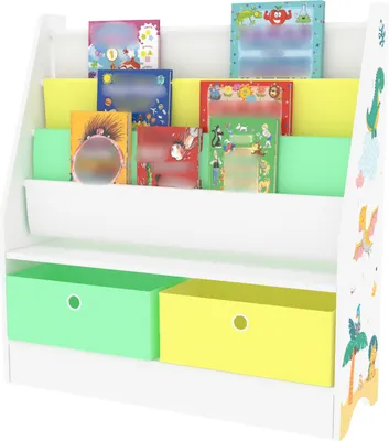 Obrázok produktu pre Detský regál "Neda" s 3 priehradkami a 2 skladacími boxmi s motívom dinosaura 74 x 71 x 23 cm
