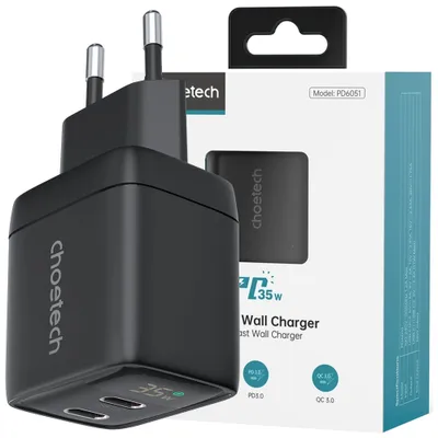 Zdjęcie produktu dla Ładowarka Sieciowa Choetech Pd6051 Usb-C Usb-C Pd 35W Gan Z Wyświetlaczem - Czarna