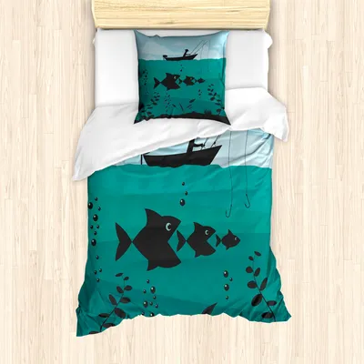 Produktbild von ABAKUHAUS Angeln Mantele, Angeln auf Bootswasser, Milbensicher Allergiker geeignet mit Kissenbezügen, 135 cm x 200 cm - 80 x 80 cm, blau Teal