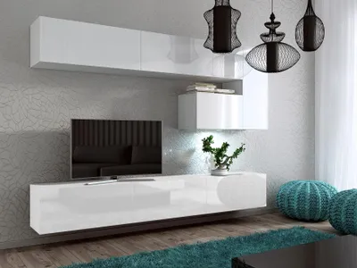 Produktbild von Furnitech Wohnwand Wohnzimmer - Wohnzimmer Möbel mit LED RGB - 16 Farben - Hängend Wohnwand Modern - Regale und TV Schrank (Future C15/HG/W/2 1A)
