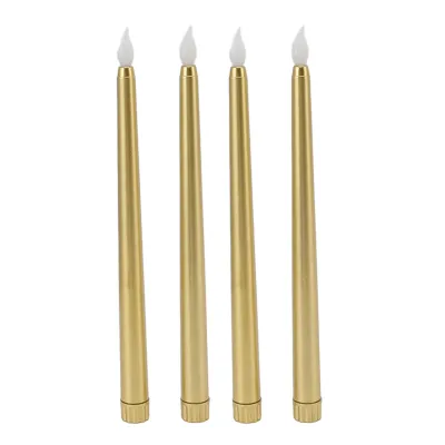 Four gold LED taper candles are arranged in a row against a white background.