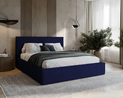 Image de BESILIO Lit de chambre à coucher 200x200 Zanzi - cadre métallique, lit avec coffre de lit, passepoil décoratif - bleu marine