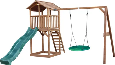 Produktbild von AXI Beach Tower Spielturm aus Holz in Braun | Spielhaus für Kinder mit grüner Rutsche, Nestschaukel und Sandkasten | Stelzenhaus für den Garten