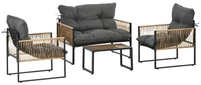 Obrázek produktu pro Sada zahradního nábytku z ratanu – lounge set pro 4 osoby – pohovka pro 2 osoby, 2 křesla, skleněný stolek – včetně sedacích polštářů – vhodná do zahrady i na terasu – tmavě šedá barva