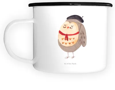Produktbild von Mr. & Mrs. Panda Teetasse Eule Frankreich - Weiß - Geschenk, Campingbecher, Metallbecher, Emaille Tasse, Owl, Haferl, Becher, La Vie Est Belle, Große, Eulen, glücklich