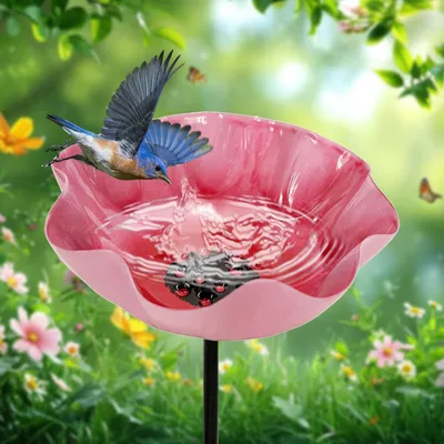 Image de Abreuvoir pour oiseaux en forme de fleur, en métal, de 60 cm de haut, de couleur rose. Abreuvoir pour abeilles, idéal pour le jardin