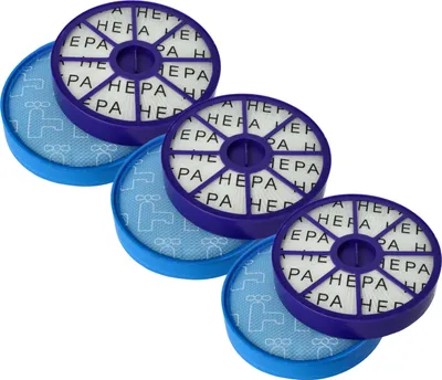 Three sets of vacuum cleaner filters are arranged in a diagonal line against a white background.