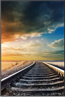 Produktbild von Wallario Wandbild Bahnschienen ins Ungewisse, Größe: 61 x 91,50 cm, Poster mit schwarzem Aluminiumrahmen