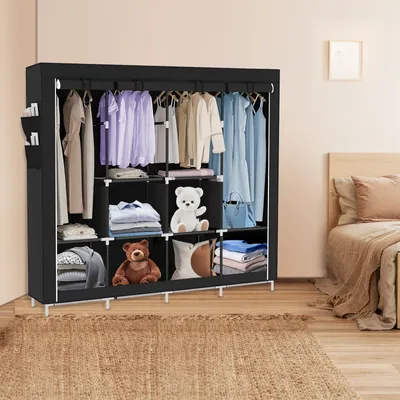 Produktbild von Stoffschrank Tragbarer Kleiderschrank mit 4 Kleiderstangen 6 Ablagen 167x45x170cm Dunkelgrau