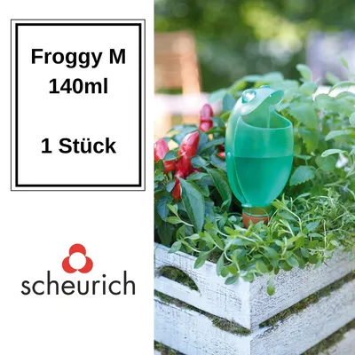 Zdjęcie produktu dla Dozownik wody Scheurich Froggy M | 1 sztuka, kolor zielony | Pojemność: 140 ml | Mała kula nawadniająca z ceramiczną podstawą | Dozownik wody do roślin i kwiatów, wykonany z terakoty