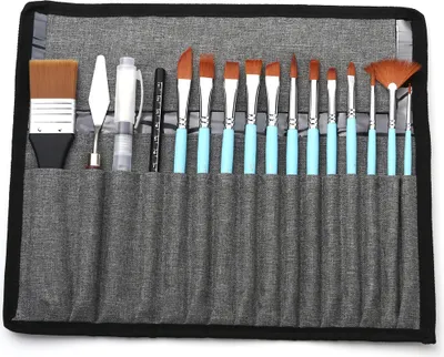 Produktbild von 18 tlg. Künstler-Pinsel-Set, Beutelpackung mit Schaber, Aquarell-Pinselstift, Nylonhaar zarter Holzgriff, für Acryl, Öl, Aquarell, Gouache, Körper