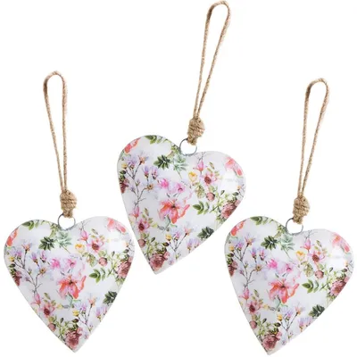 Produktbild von 3 Metallherzen mit Blumenmuster & Schnur - 12 cm - vintage Herzen zum Aufhängen