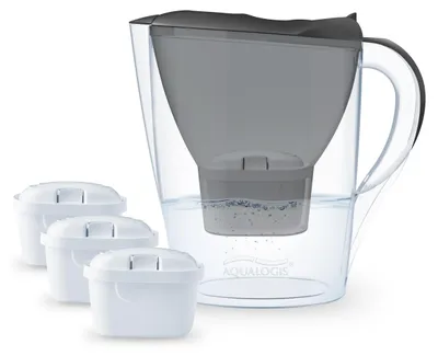 A water filter pitcher and three replacement filters are shown against a white background.