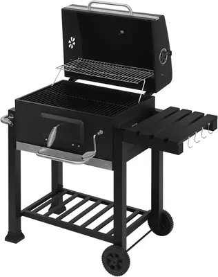 Obrázek produktu pro Gril na dřevěné uhlí BBQ – grilovací vozík – 2 kolečka – 2 grilovací rošty – integrovaný kovový teploměr – černý