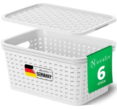 Produktbild von Novaliv 6er Set Aufbewahrungsboxen mit Deckel Mini 2L Korb Weiß in Rattan Design Lebensmittelecht Aufbewahrungskorb Stapelboxen Nestbar Kunststoff BPA-frei Kiste Verstaubboxen mit Deckel
