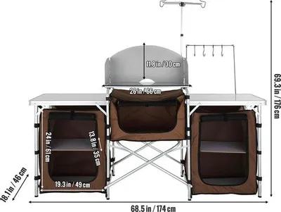 Produktbild von Famanu Campingküche - Inklappbar mit Windschutz - 174x110x46cm - Aluminium mit Aufbewahrungstasche - Braun