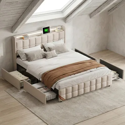 Obrázok produktu pre Čalúnená posteľ ProximaX 160 x 200 cm ADAP-69, béžová ľanová látka, úložný priestor so 4 zásuvkami, USB nabíjací port, LED osvetlenie na čele postele, bez matraca