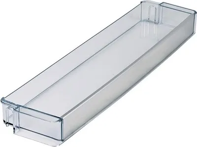 A clear, studio shot of a transparent plastic refrigerator shelf against a white background.