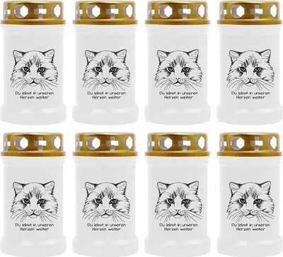 Produktbild von Grabkerze Weiß 8er Pack, Brenndauer: 40 Stunden ( je Kerze ), Motiv: Katze 2