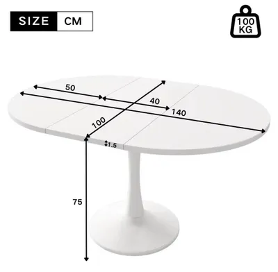 Productafbeelding van Ovale eettafel - Uitschuifbare eettafel - Verstelbare lengte 100–140 cm - Multifunctioneel - Gemaakt van MDF - Moderne, minimalistische stijl - Wit