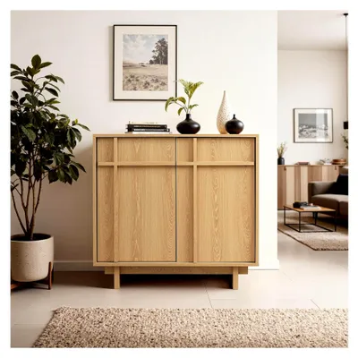 Produktbild von Modernes Sideboard mit 2 Türen im skandinavischen Design und geometrischer Holzleisten-Front, geeignet als Sideboard für Wohnzimmer, Küchenschrank oder Vorratsschrank