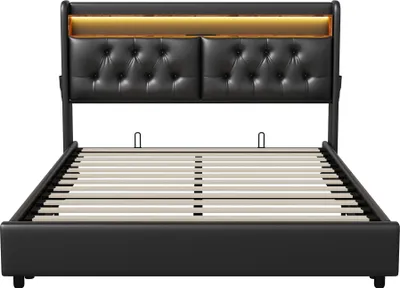 Immagine prodotto di Moonbite, letto contenitore matrimoniale, 180x200 cm, rivestito in ecopelle nera, con 2 cassetti e struttura a doghe