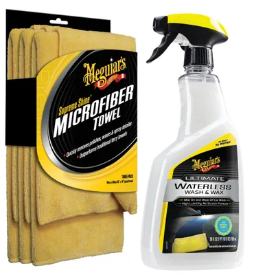 Produktbild von Meguiar’s Set: Ultimate Waterless Wash & Wax 768 ml + 3x Supreme Shine Mikrofasertücher