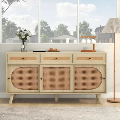 Obrázek produktu pro okwish Dřevěné sideboard 140 x 40 x 78 cm, s PE plastovou ratanovou dveřmi a nastavitelnými policemi, 3 zásuvky, sideboard se 3 posuvnými dveřmi