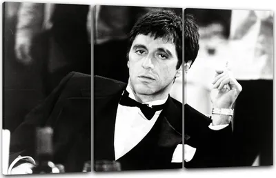 Produktbild von Leinwandbild 3-teilig (120x80cm): Filmplakat Filmmotiv Scarface Tony Montana am Tisch sitzend Restaurant, echter Holz-Keilrahmen inkl. Aufhänger, handgefertigt in Deutschland