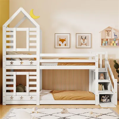 Produktbild von Etagenbett Kinderbett Baumhaus mit Schublade und Rausfallschutz, 90 x 200 cm, Hochbett für Kinder– 2x Lattenrost- Weiß