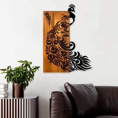 Image de Wallity, Peacock, accessoire mural décoratif en bois, noyer, 100 % BOIS / MÉTAL, 47 x 3 x 65 cm