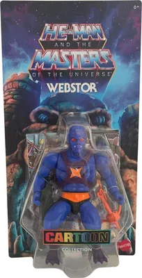 A packaged action figure of Webstor from Masters of the Universe, displayed against a cosmic background.
