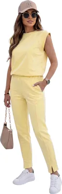 Immagine prodotto di Completo da tempo libero da donna a 2 pezzi – Set da casa in misto cotone con dettaglio sulle spalle e pantaloni senza chiusura, giallo/S/M