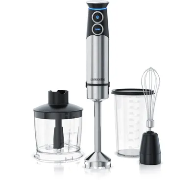 A hand blender set with accessories is displayed against a white background.