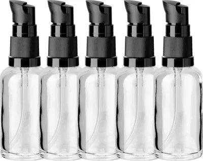 Produktbild von 5x Klare Glasflasche 30 ml mit schwarzer Pumpe Kosmetikflasche 18 mm