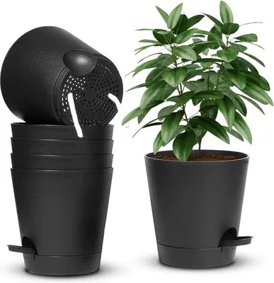 Productafbeelding van Bloempot met irrigatiesysteem - Set van 6 zelfwaterende bloempotten met onderzetters