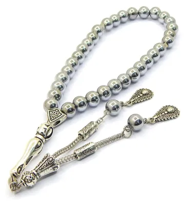 Islamitische Rosenkranz-Armband, 33 Hämatitperlen, 8 mm, M, Silber
