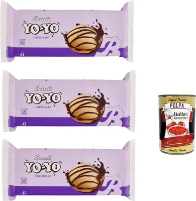 Produktbild von Bauli, Yo-Yo Merendine Soffici di Pan di Spagna con Crema al Cioccolato, kuchen Weiche Snacks Schwammkuchen mit Schokoladencreme 3x 210g + Italian Gourmet polpa 400g