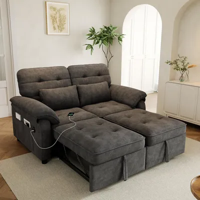 Produktbild von MODFU Zweisitzer-Sofa Modulares Sofa mit Kissen und USB‑Ladeanschluss Schlafsofa mit verstellbarer Rückenlehne 3-in-1 Loungesofa Grau