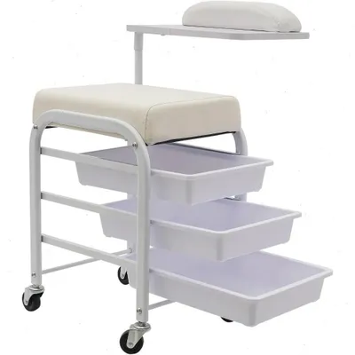 Obrázek produktu pro Manikérský stolek s křeslem – stůl na manikúru – nosnost 75 kg – 3 zásuvky – otočná podložka pro ruce – s kolečky – pro kosmetické salony, bílá barva