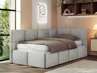 Produktbild von MKS MEBLE Jugendbett 90x200 cm ARVO Polsterbett mit Bettkasten, Mettalrahmen Stauraum & Gasdruckfeder, ohne Matratze - Hellgrau Velvet - Rechts Seite