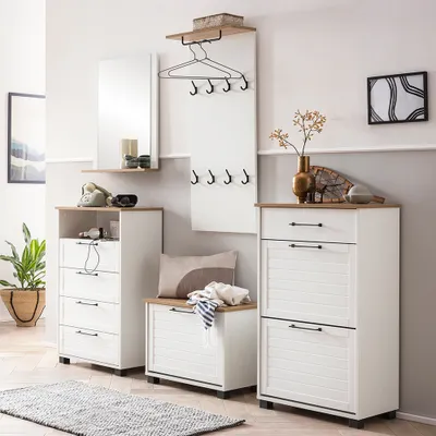 Produktbild von Garderoben Set 5-teilig im Landhaus-Stil, weiß matt mit Eiche Nb. JAUSA-80