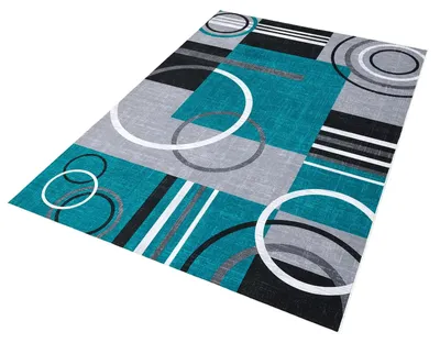 Zdjęcie produktu dla Dywan do przedpokoju – można go prać – geometryczny wzór – antypoślizgowa gumowa podkładka – 100% poliester – 80 x 150 cm – turkusowy