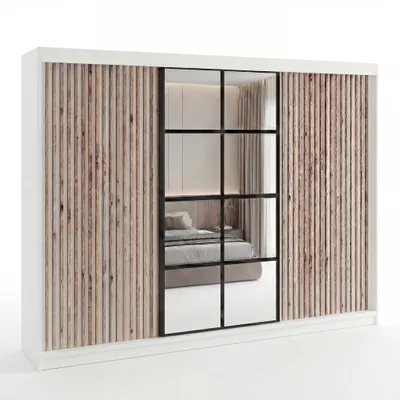 Produktbild von Schwebetürenschrank, 3-türig Schrank mit 4 Schubladen, und 3D-Lamellen. Kleiderschrank NORIVO 200 cm
