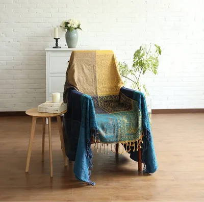 Produktbild von Chenille-Überwurfdecke, Vintage-Jacquard-Quasten, doppelseitig, Patchwork-Decke, warm, dekorativ für Zuhause, Büro, Reisen, Blue (Blue, 59*74.8in)
