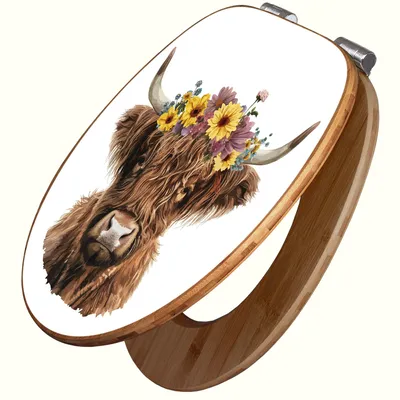 Produktbild von banjado Design WC Sitz Bambus Absenkautomatik -Hochlandkuh mit Blumenkrone - Toilettendeckel mit Absenkautomatik Holz/hochwertiger Bambus Klodeckel/WC-Sitz für alle gängigen Toiletten [TDB2 13454]