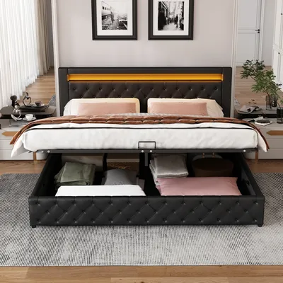 Produktbild von okwish Polsterbett 160 x 200 cm, Funktionsbett mit Lattenrost und Stauraum, mit LED-Beleuchtung, Schwarz, PU