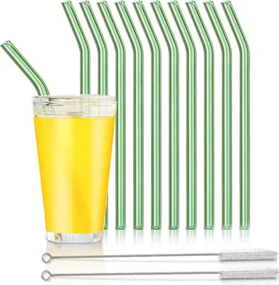 Obrázek produktu pro 10 balení skleněných brček pro opakované použití, zakřivená skleněná brčka se 2 čisticími kartáčky, na koktejly, mléčné koktejly, džusy